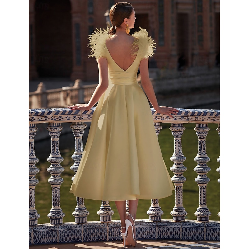 A-Line Cocktail Dresses Elegant Dress Wedding Guest Ankle Length Sleeveless V Neck Pocket Satin with Feather Dresses2