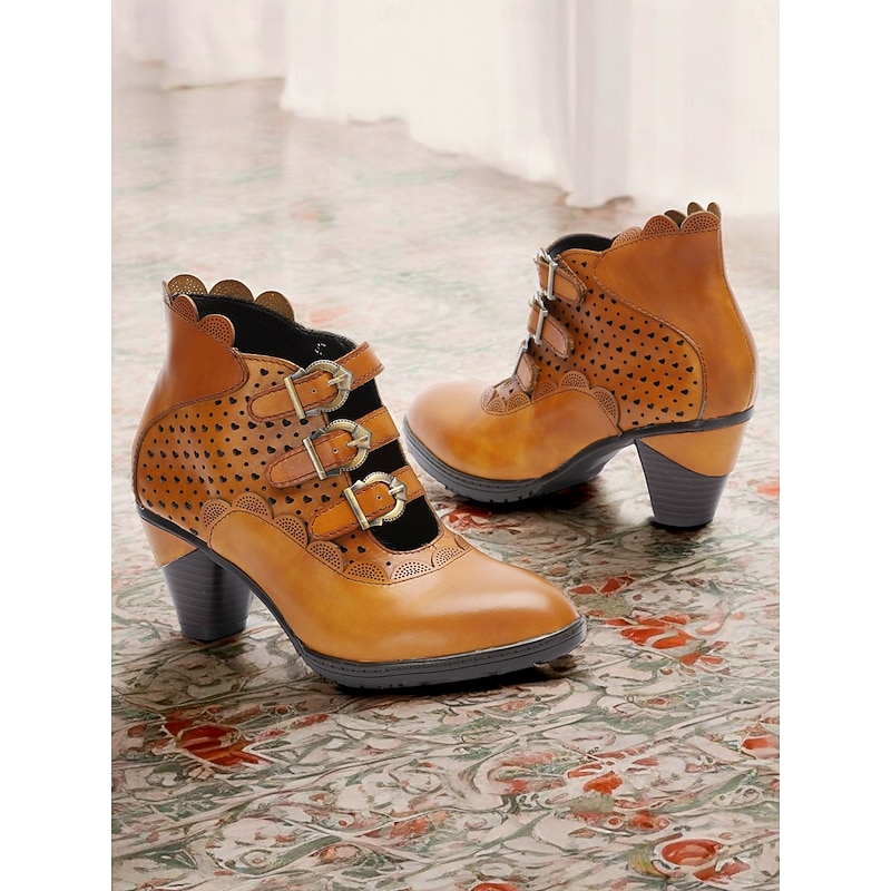 Women's Vintage Buckle Strap Ankle Boots - Brown Perforated High Heels for Oktoberfest, Casual, and Formal Wear