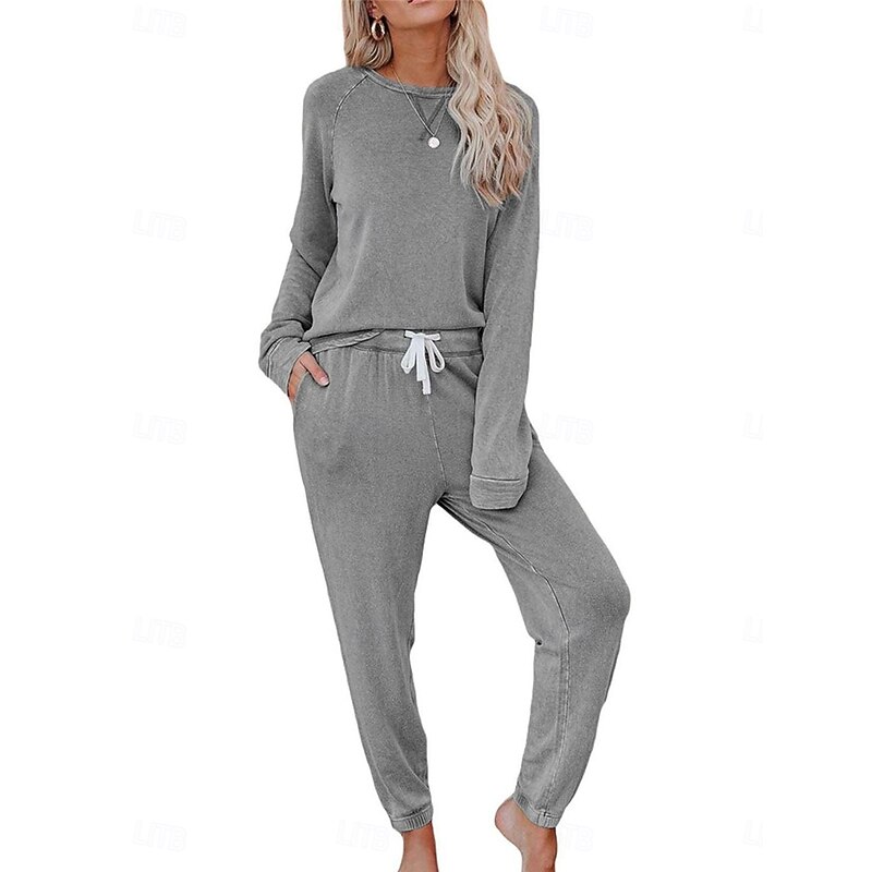 Women's Pajamas Sets Pure Color Fashion Basic Comfort Home Daily Bed Breathable Crew Neck Long Sleeve Pant Pocket Elastic Waist Fall Winter Home Outfits2