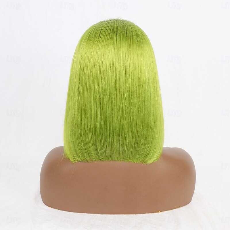 Rose Neon# Lace Front Bob Wigs Ombre Neon Green Side Part Simulated Scalp with Hand-Tied Lace Front Short Bob Human Hair Wig for Women Natural Hairline with Baby Hair Lemon Green Color4