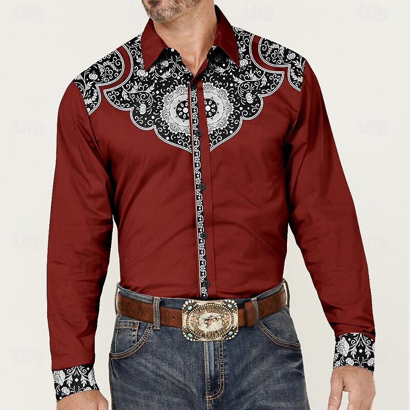 Men's Cowboy Western Shirt Button Up Shirt Cowboy Shirt Long Sleeve Vintage Western Style Daily Holiday Fall Winter Spring & Summer Turndown Collared Shirts Button Up 3D Print Black Wine Blue Green