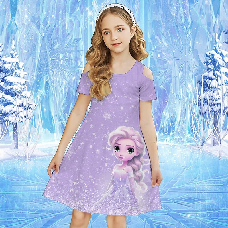 Girls' 3D Graphic Cartoon Snowflake Dress Short Sleeve Summer Spring Vacation Daily Holiday Beautiful Sweet Kids 4-12 Years Casual Dress Knee-length Regular Fit3
