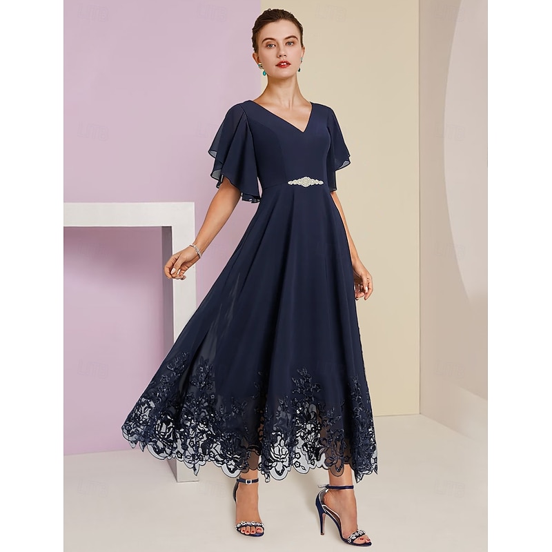 A-Line Mother of the Bride Dress Formal Wedding Guest Elegant V Neck Tea Length Chiffon Lace Short Sleeve with Appliques Crystal Brooch