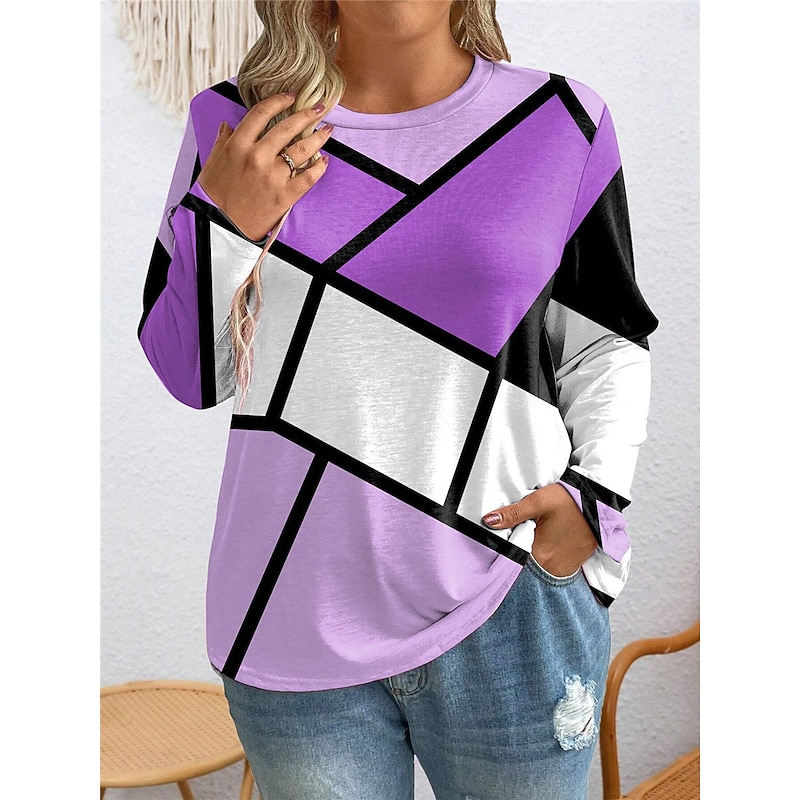 Women's Plus Size Tops T shirt Tee Geometry Print Long Sleeve Crew Neck Casual Daily Fall Winter Pink Blue Prefall4