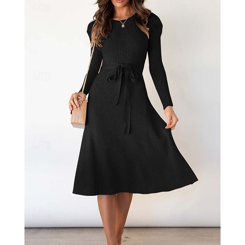 Women's Sweater Dress Fashion Elegant Dress Solid Color Ribbed Crew Neck Knitted Long Sleeve Regular Tops Knit Work Daily Black Green Fall Winter