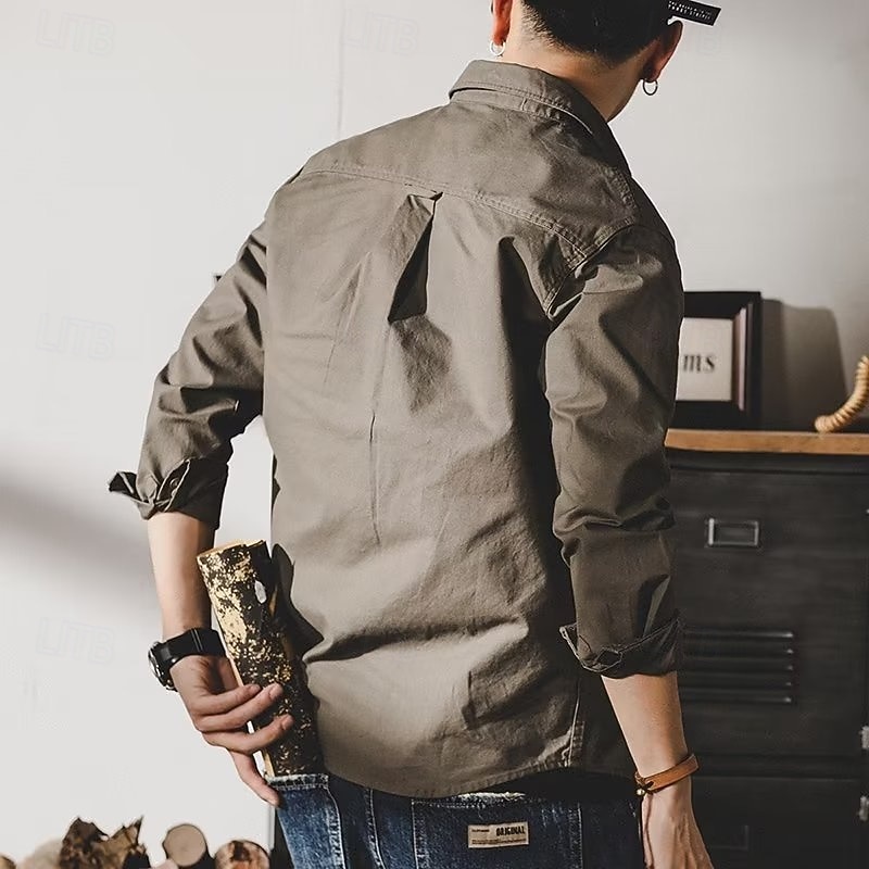Men's Shirt Workwear Shirts Work Shirt Button Up Shirt Cargo Shirt Green khaki Long Sleeve Plain Lapel Vacation Holiday Front Pocket Clothing Apparel Fashion Casual Comfortable4