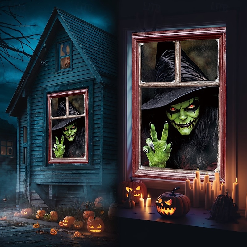 Halloween Window Cover Decorations, Fabric Witches Creepy Halloween Curtain Horror Movie Poster Window Door Covering Decor for Haunted House, Scary Halloween Window Clings Decals Indoor Outdoor
