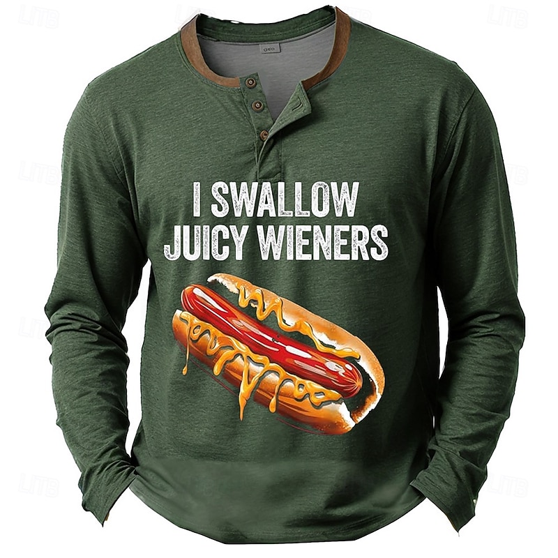 Men's Long Sleeve Henley T-Shirt, Humorous 'I Swallow Juicy Wieners' Hot Dog Pun Graphic4