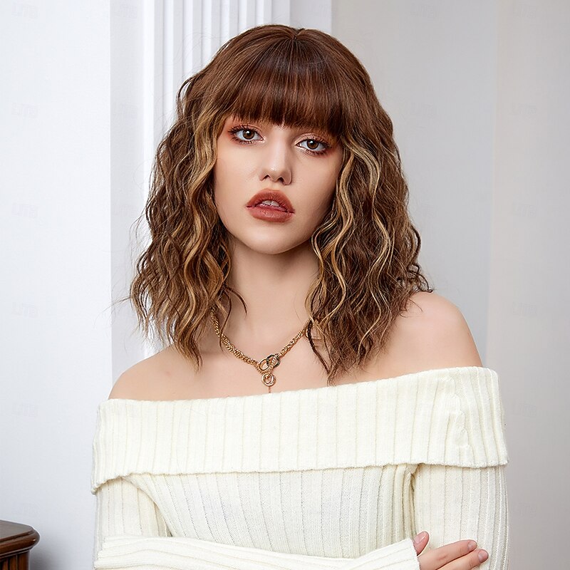 Cosplay Costume Wig Bouncy Curl Bob Neat Bang With Bangs Wig 14 inch Dark Brown Synthetic Hair Women's Elastic Adorable Comfortable Dark Brown3