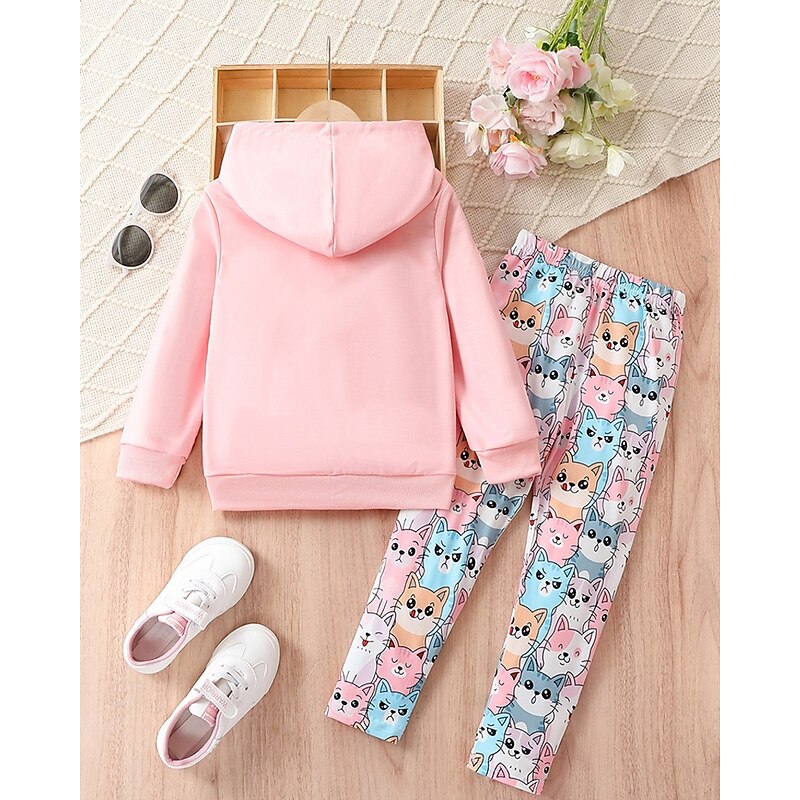 Girls' 3D Cartoon Cat Sports Suit Hoodie Set Tracksuits Long Sleeve Spring Fall Daily Casual Comfort Kids 4 years+ Hooded Outdoor Vacation Sports Tailored Fit2