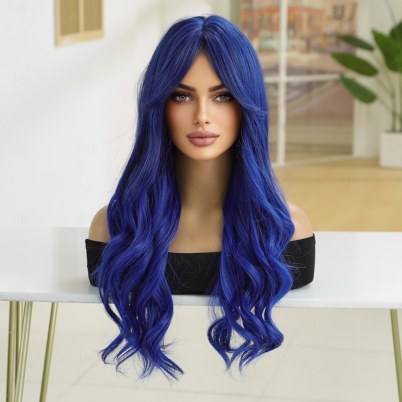 Synthetic Wig Wavy Bouncy Curl Middle Part Wig 28 inch Royal Blue Synthetic Hair Women's Middle Part Cool Adorable Blue2