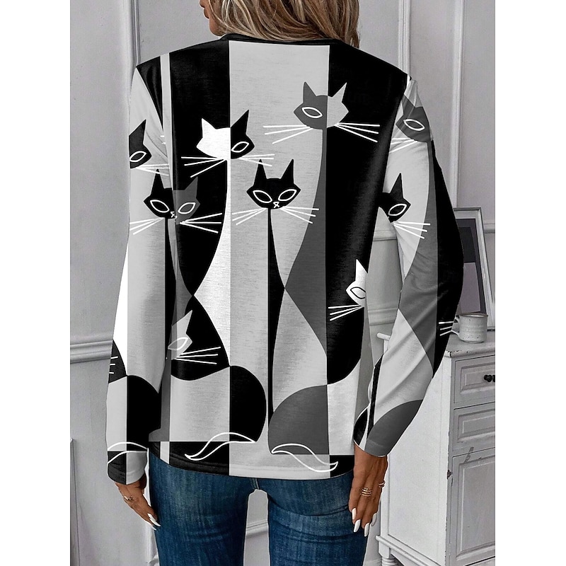 Women's T shirt Long Sleeve Crew Neck Long Sleeve Tunic Casual Ombre Cat Print Regular Tops Daily Black Spring Fall Prefall2