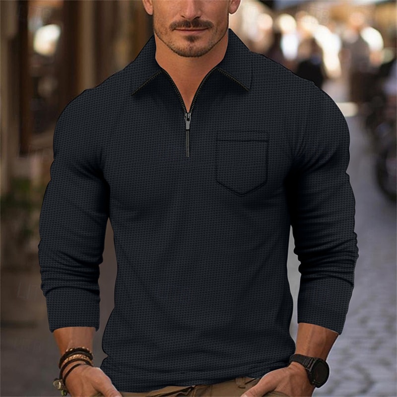 Men's Waffle Polo Shirt Quarter Zip Polo Daily Holiday Quarter Zip Long Sleeve Fashion Modern Plain Front Pocket Spring &  Fall Regular Fit Black White Navy Blue Light Grey Beige Waffle Polo Shirt4