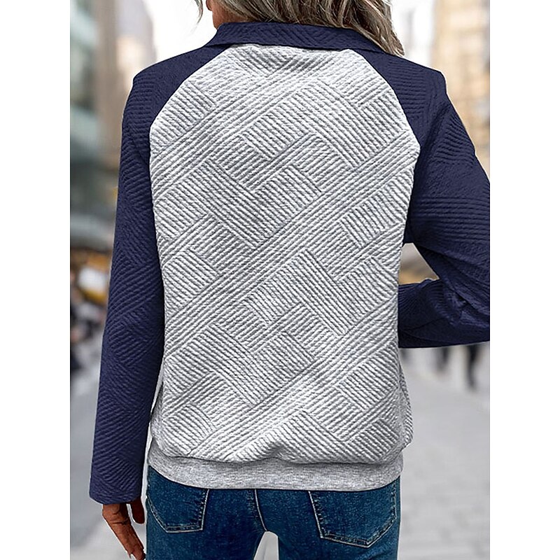 Women's Sweatshirt Casual Street Dailywear V Neck Patchwork Buttons Pocket Long Sleeve Navy Blue Fall Winter2