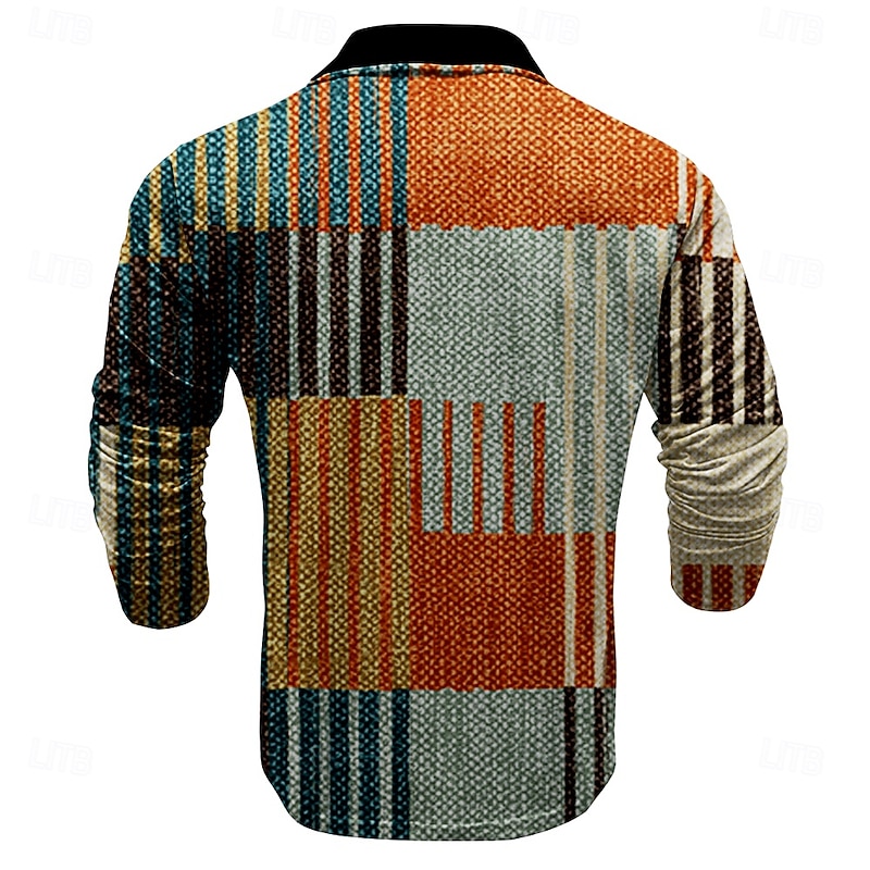 Men's Plaid Golf Shirt Long Sleeve Polo Shirts Collared Shirts Vintage Casual Vacation Wear Formal Wear Festival Wear Buttons 3D Print Spring Fall Winter Brown2