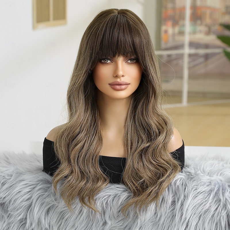 Synthetic Wig Wavy Bouncy Curl Middle Part With Bangs Wig 24 inch Dark Brown Synthetic Hair Women's Elastic Comfortable With Bangs Dark Brown4
