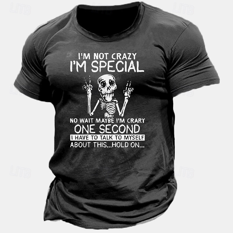 Men's Short Sleeve Graphic T-Shirt with Funny 'I'm Not Crazy I'm Special' Skeleton Print4