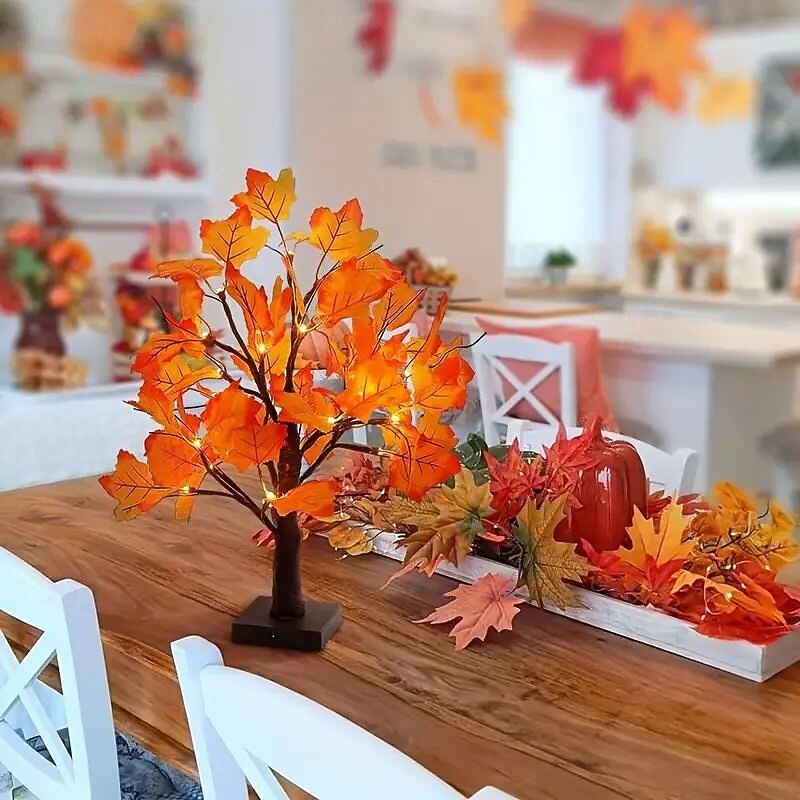 Thanksgiving Fall Maple Tree Lights 24LEDs Battery Powered Simulated Pumpkin Maple Leaf Lights for Holiday Home Parties Halloween Christmas Atmosphere Desktop Decoration (AA Batteries Excluded)4
