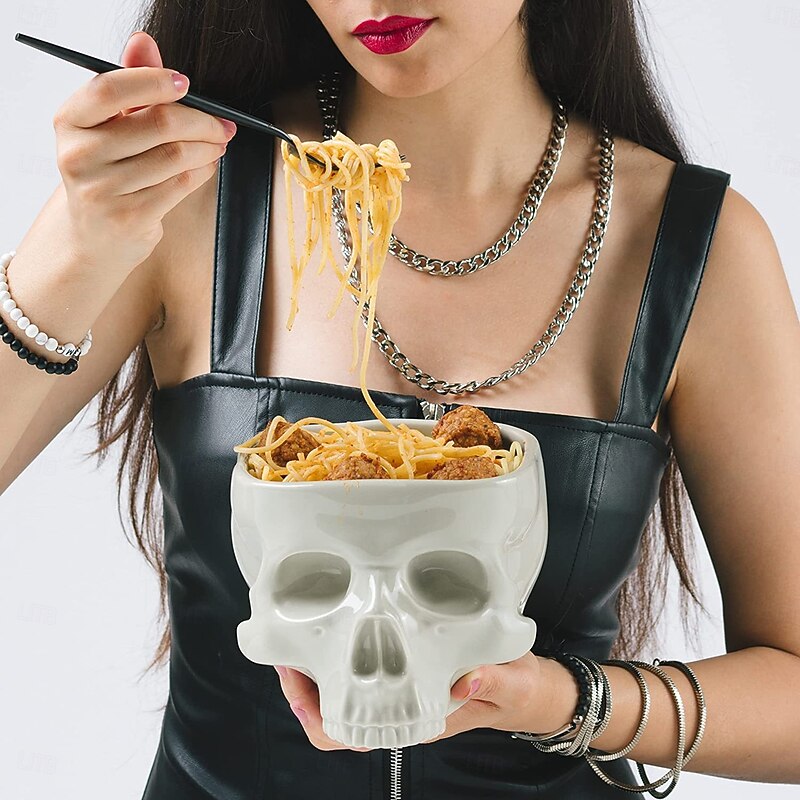 Human Skull Bowl for Eating Food Safe Skeleton Head Pasta Bowl Portable Cereal Chalice Home Bar Candy Server & Punch Dispenser Retro Gothic Tabletop Ornament Goth Dining Table Centerpiece3