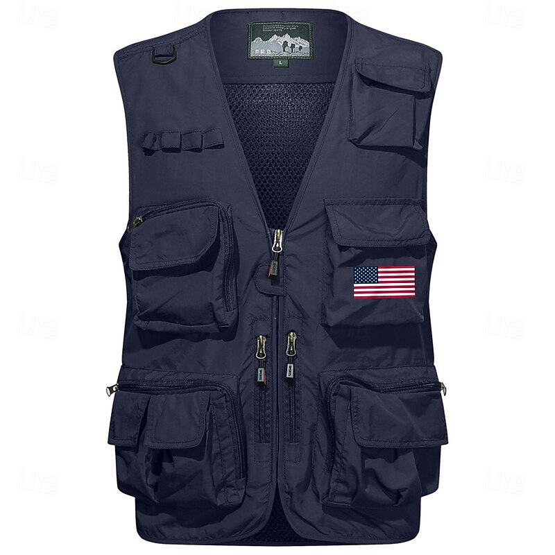 Men's American US Flag Waistcoat Gilet Fishing Vest Tactical Practical Removable Casual Sports Outdoor Fishing Photography Side Pockets Quick Dry Mesh Collarless Sleeveless Army Green Dark Blue3