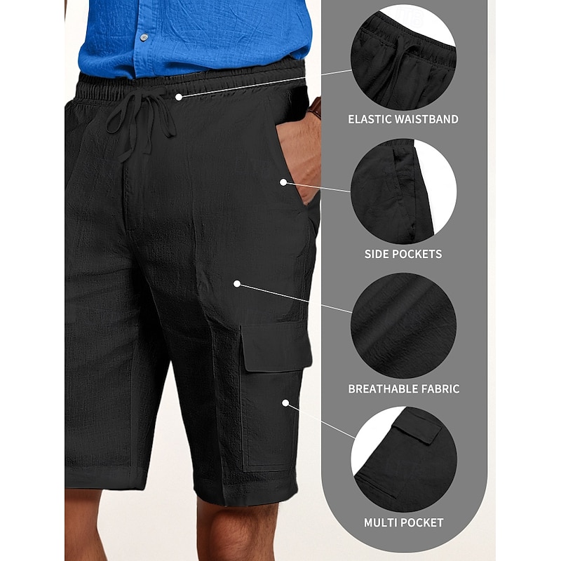 Men's Cargo Shorts Shorts Linen Shorts Summer Shorts Beach Shorts Drawstring Elastic Waist Multi Pocket Plain Knee Length Outdoor Casual Daily Vacation Casual Black White Inelastic2