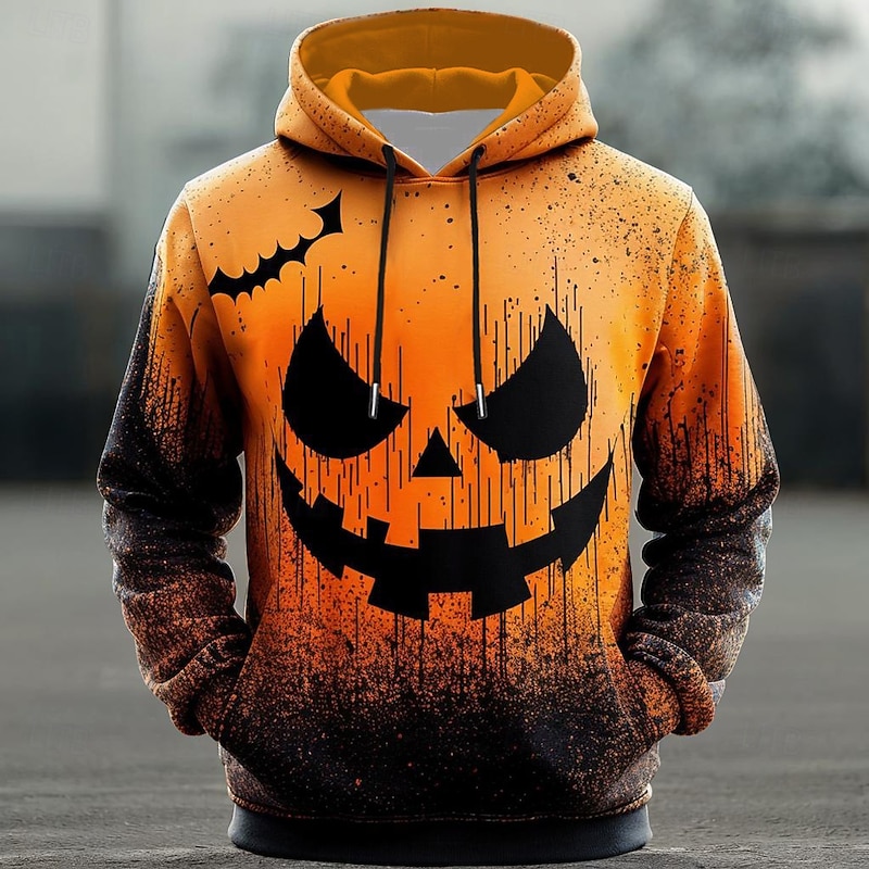 Halloween Men's Pumpkin Hoodies Fashion Cowboy Long Sleeve Hooded Orange Pocket 3D Print Fall Winter Designer
