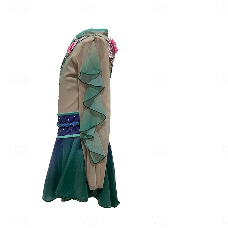 Figure Skating Dress Women's Girls' Ice Skating Dress Blue+Green Patchwork Thumbhole Mesh Spandex Stretchy Training Practice Professional Skating Wear Thermal Warm Crystal / Rhinestone Long Sleeve4