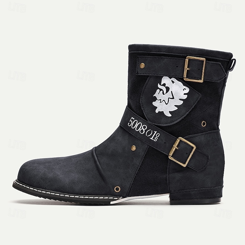 Men's Steampunk Motorcycle Boots with Double Buckle Straps and Embossed Lion Design - Brown Faux Leather Ankle Boots4