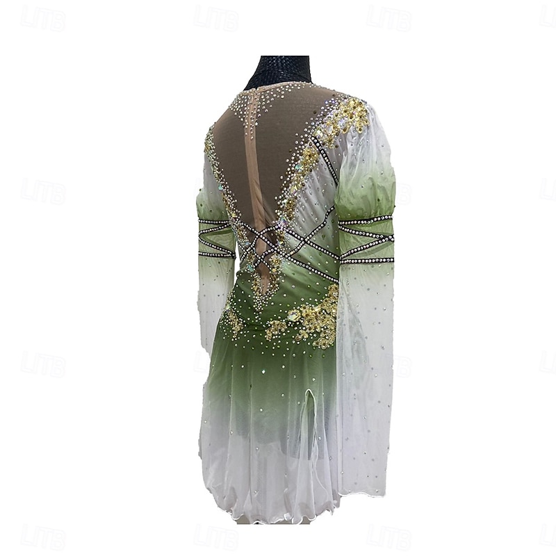 Figure Skating Dress Women's Girls' Ice Skating Dress Forest Green Patchwork Thumbhole Mesh Spandex Stretchy Training Practice Professional Skating Wear Thermal Warm Crystal / Rhinestone Long Sleeve4