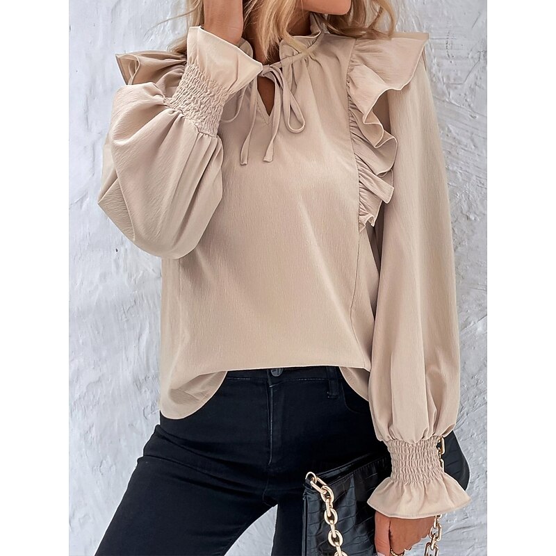 Women's Blouse Stylish Modern Ruffle Long Sleeve Regular Tops V Neck Work Daily Camel Spring Fall