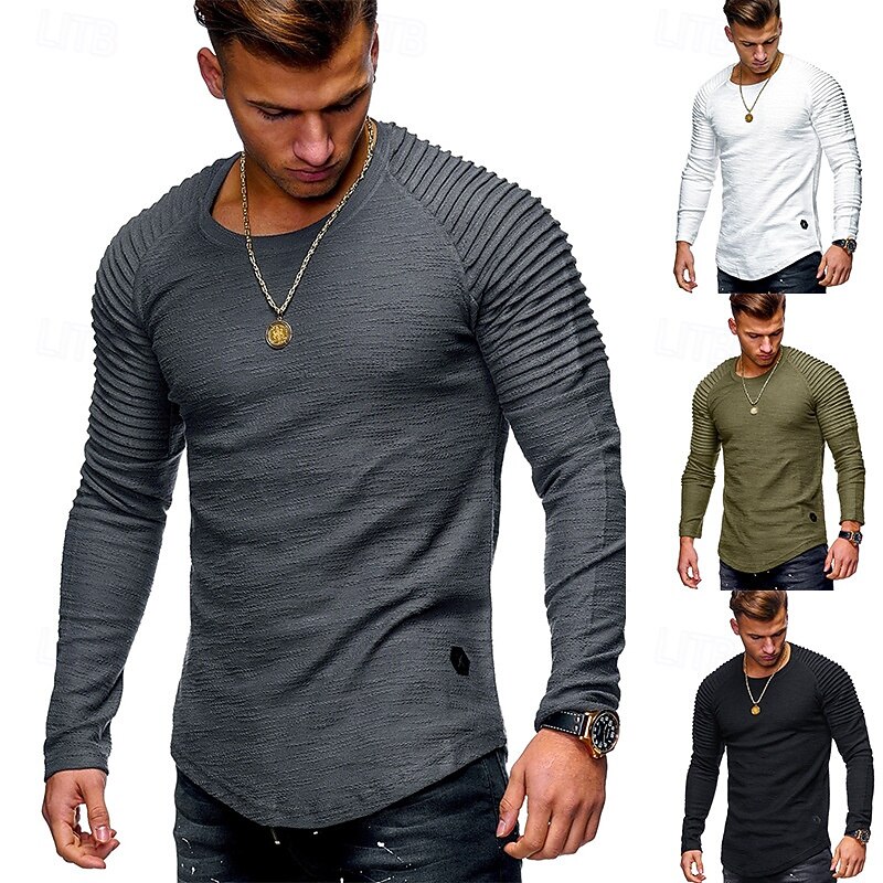 Men's T Shirt Tee Tee Top Long Sleeve Shirt Long Sleeve Crew Neck Spring &  Fall Plain Slim Pleated Fashion Designer Basic Patchwork Vacation Street Going out Black White Army Green Top Tee for Men
