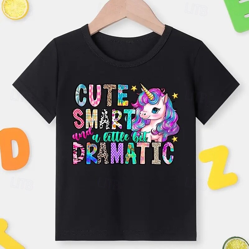 100% Cotton Kids Girls' Black Cartoon Unicorn Letters T shirt Tee Crew Neck Short Sleeve Outdoor Daily Vacation Classic Casual Print Summer2