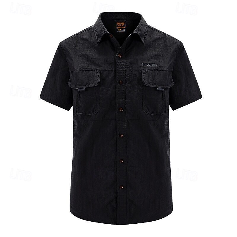 Men's Shirt Workwear Shirts Casual Shirt Work Shirt Button Up Shirt Cargo Shirt Black Blue khaki Army Green Gray Short Sleeve Plain Lapel Vacation Holiday Front Pocket Clothing Apparel Polyester3