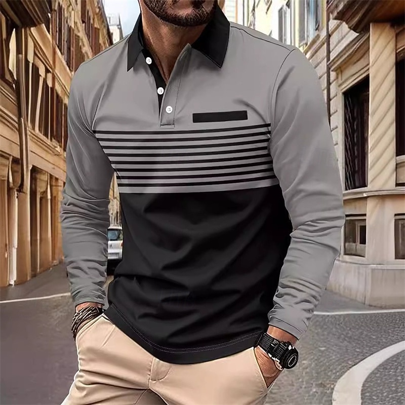 Men's Golf Shirt Golf Polo Work Casual Lapel Long Sleeve Basic Modern Stripes Button Pocket Spring &  Fall Regular Fit Pumpkin Pink Red Green Khaki Gray Golf Shirt3