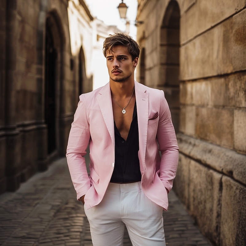 Men's Suits Outdoor Work Daily Pocket Fashion Daily Spring &  Fall Polyester Cotton Blend Solid Color Pocket Buttons Single Breasted Blazer Pink Sky Blue Orange2