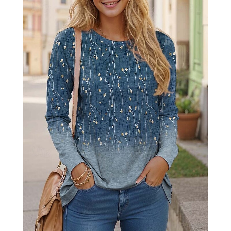 Women's T shirt Crew Neck Long Sleeve Tunic Casual Print Regular Tops Daily Navy Blue Blue Green Khaki Spring Fall