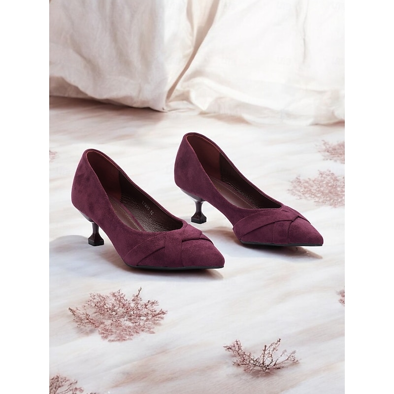 Women's Burgundy Suede Kitten Heel Pumps with Cross Knot Detail for Elegant and Formal Wear2