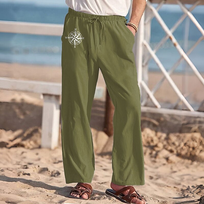 Men's Geometric Pattern Graphic Prints Linen Pants Trousers Baggy Pants Mid Waist Vacation Hawaiian Holiday Outdoor Streetwear Elastic Waist Spring &  Fall Fall & Winter Green Khaki Beige2