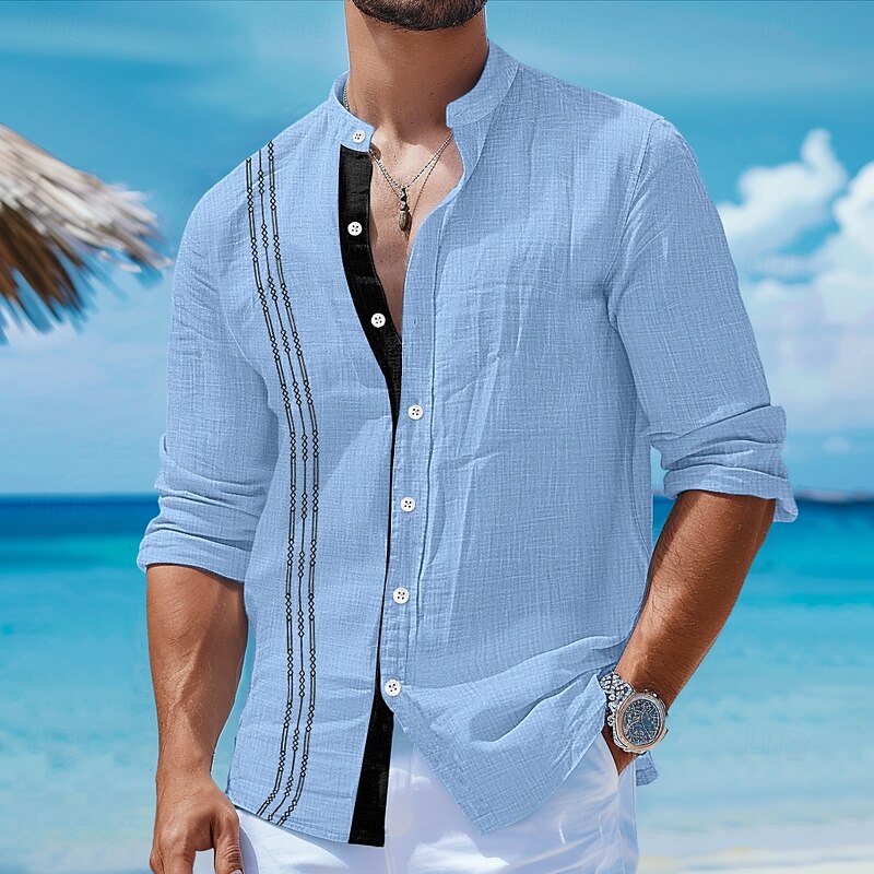 Men's Shirt Linen Shirt Guayabera Shirt Summer Shirt Beach Wear Button Up Shirt Plain Vacation Curise Black White Pink Blue Long Sleeve Band Collar Spring & Summer Clothing Apparel2