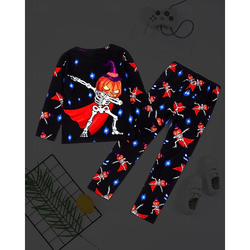 Boys 3D Pumpkin Pajama Sets Tee & Pants Pajama Sets Long Sleeve 3D Print Fall Winter Active Basic Polyester Kids 4 years+ Crew Neck Home Daily Regular Fit2