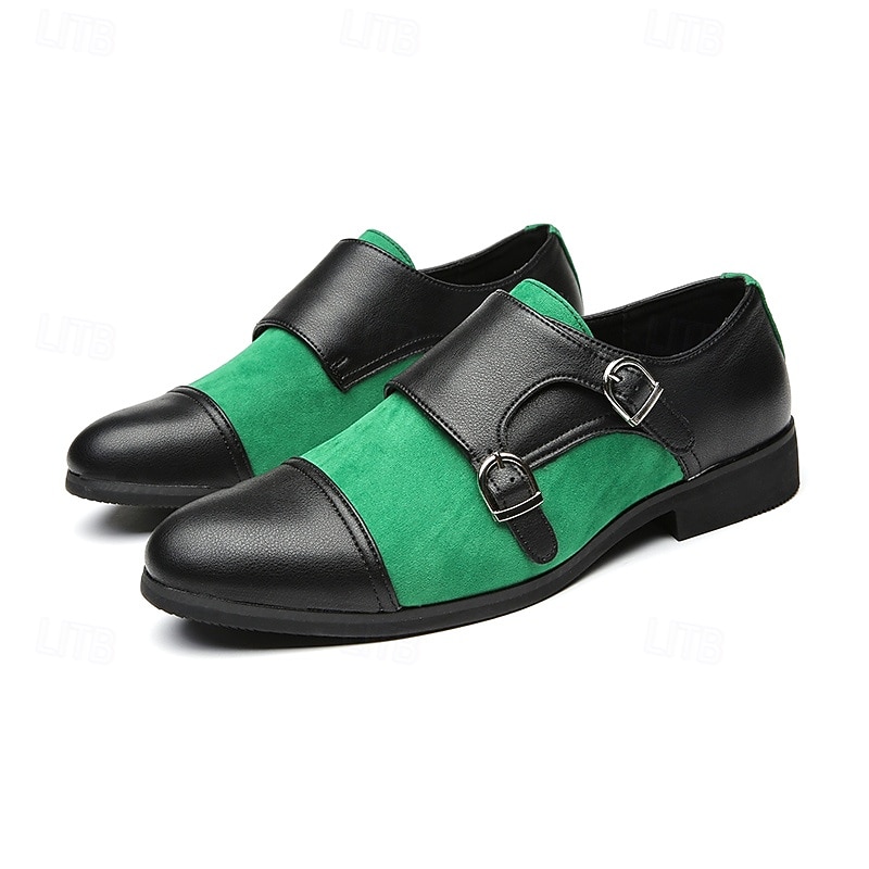 Men's Green and Black Monk Strap Dress Shoes with Double Buckles - Stylish Suede and Faux Leather Formal Footwear2