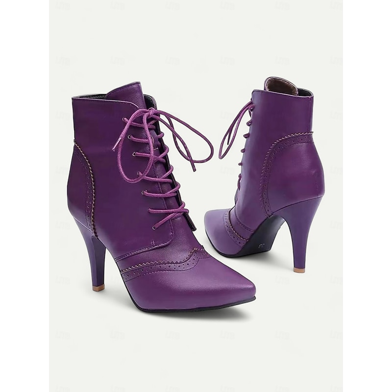 Women's Black Lace-Up Stiletto Ankle Boots with Brogue Detailing - Gothic Witch Shoes for Halloween and Cosplay