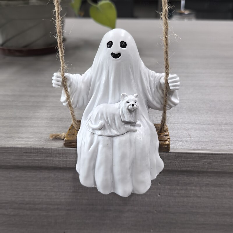 Ghost and Dog Swinging Resin Ornament 2025 Halloween Yard Decoration Spooky Swinging Ghost and Dog Statue