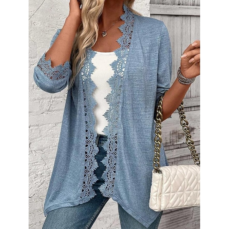 Women's Jacket Party Patchwork Solid Color Windproof Fashion Loose Fit Outerwear 3/4 Length Sleeve Fall Blue S3