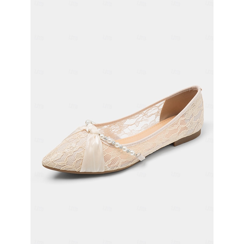 Women's Lace Pointed-Toe Flats with Pearl Embellishments and Bow Detail - Elegant Bridal Shoes for Weddings and Formal Occasions4