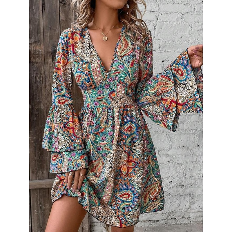 Women's Mini Dress Petite Dress Casual Dress Boho Dress Elegant Flared Sleeve Vacation Daily Date Loose Fit Graphic Long Sleeve V Neck Colourful Spring Fall