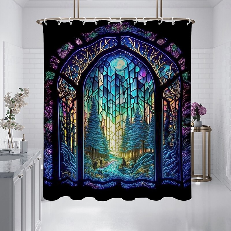 Shower Curtain with Hooks 180cm*180cm(70"*70") Polyester Washable Waterproof Pattern Bathroom Bathtub Decor Landscape Forest4