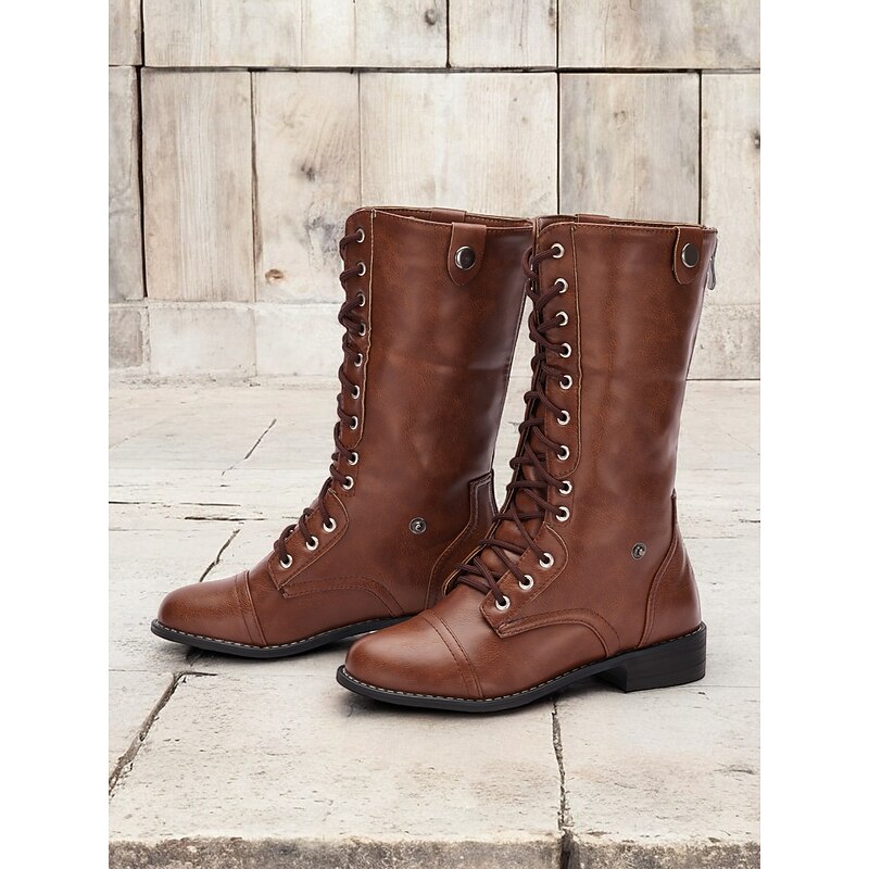 Women's Brown Convertible Lace-Up Combat Boots with Fold-Down Plaid Cuffs - Versatile Vintage Style for Casual and Outdoor Wear2