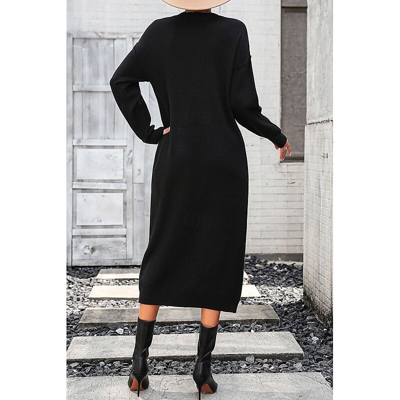 Women's Sweater Dress Elegant Fashion Casual Solid Color Crew Neck Knitted Long Sleeve Long Tops Knit Work Black Purple Fall Winter3
