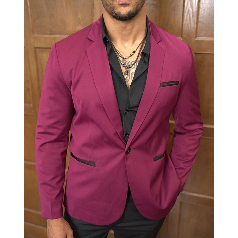 Men's Blazer Business Cocktail Party Wedding Party Fashion Casual Spring & Fall 65% Cotton Color Block Pocket Buttons Comfortable Single Breasted Blazer Burgundy2